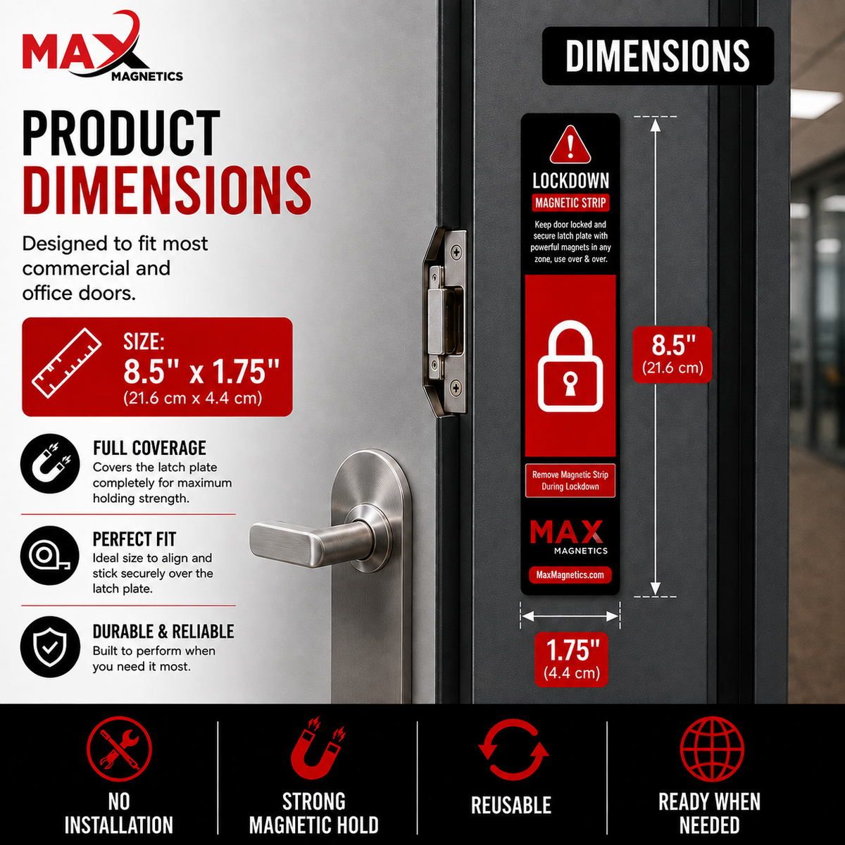 MAX Magnetics Lockdown Magnetic Strip dimensions 8.5 inches by 1.75 inches